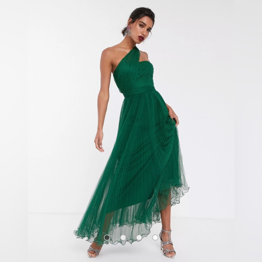 NWOT ASOS DESIGN one shoulder tulle wired hem maxi dress in forest green